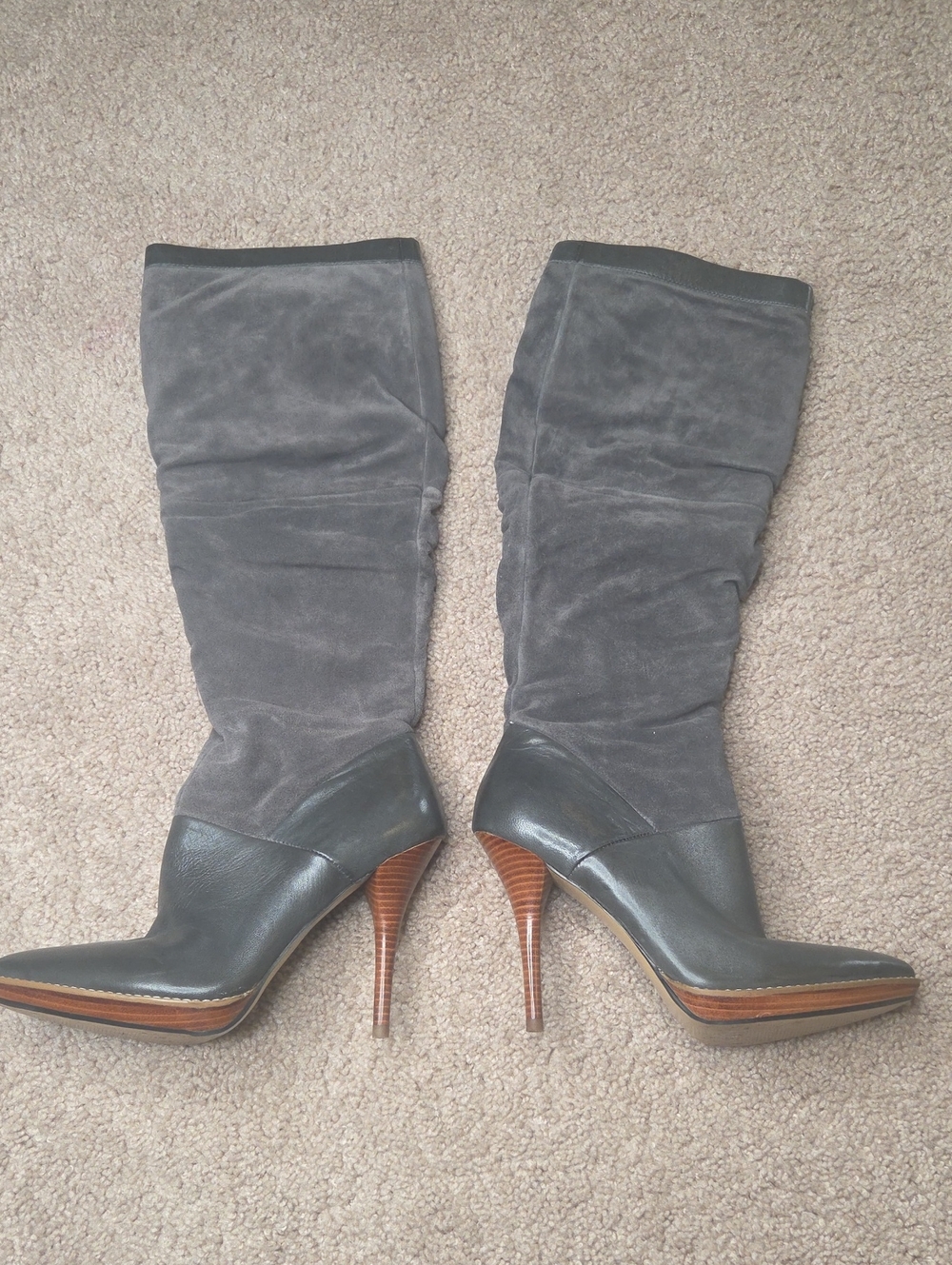 Women's Gray Suede & Leather High-Heel Knee Boots